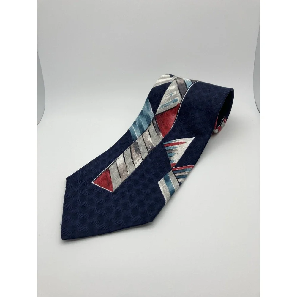 Zylos George Machado Men's Tie 100% Italian Silk Made In US Blue Red Pattern‎